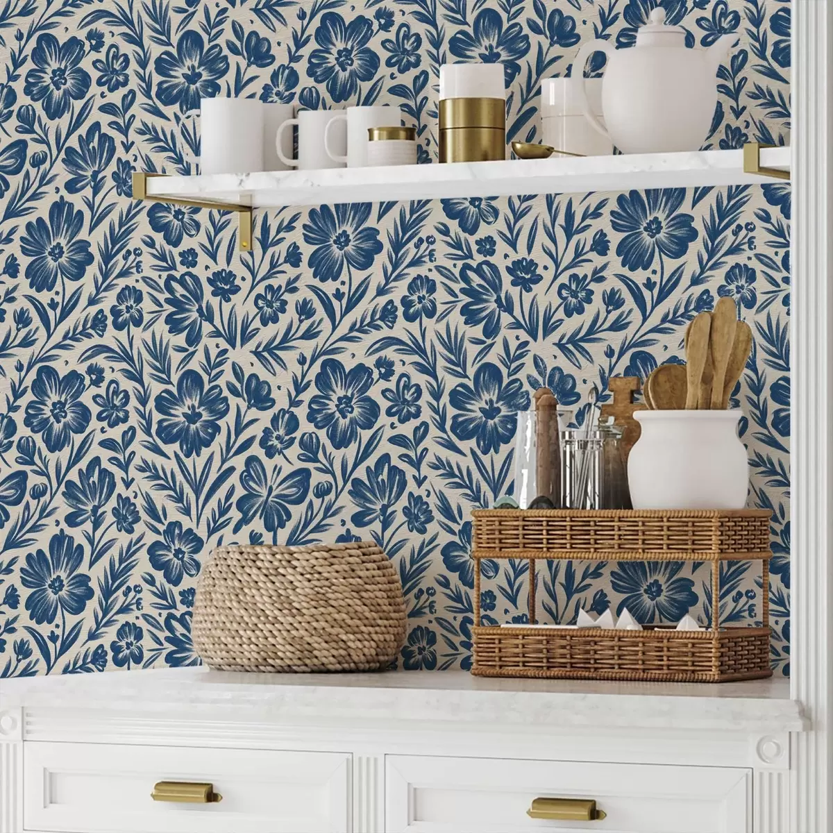 Tapety Modrý kvetinový ornament s motýľmi a00758