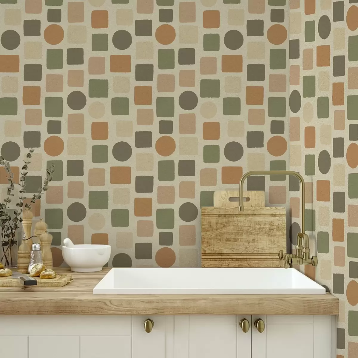 Tapety Geometrický vzor štvorcov a kruhov v teplých tónoch a00759