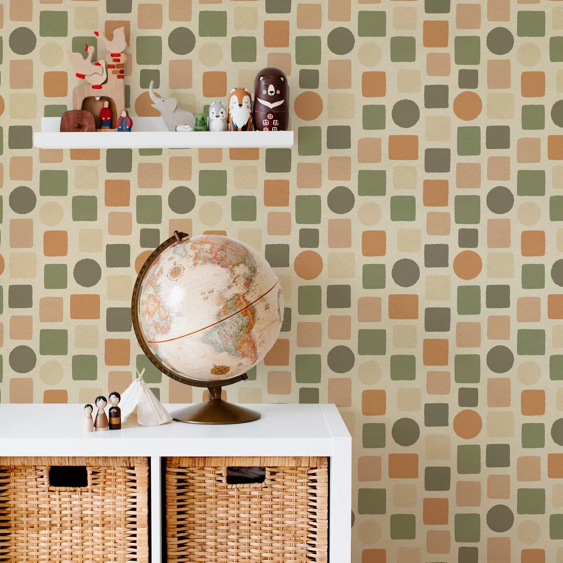 Fototapety Geometrický vzor štvorcov a kruhov v teplých tónoch a00759