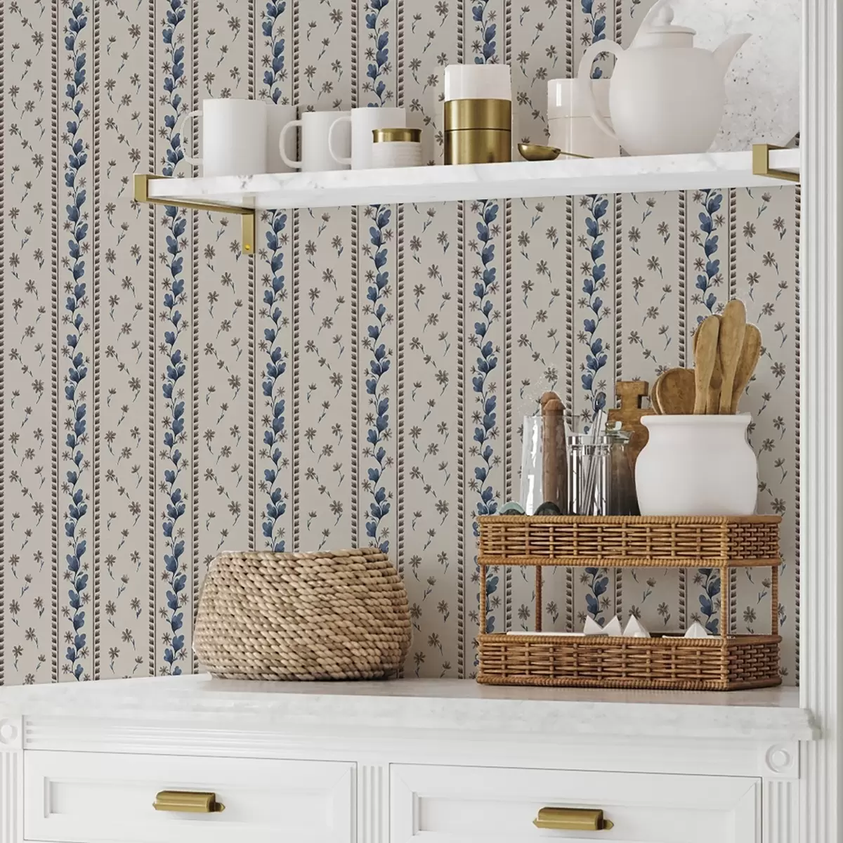 Tapety Vertikálne kvetinové pruhy v modro-hnedých odtieňoch a00811v3