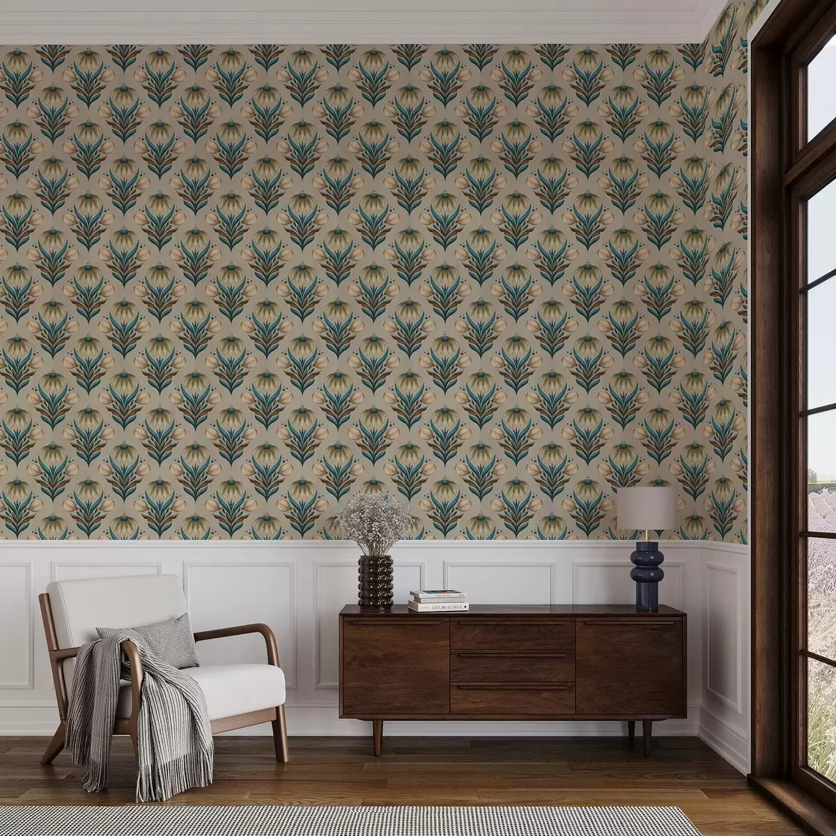 Tapety Symetrický kvetinový ornament v teplých tónoch a00812