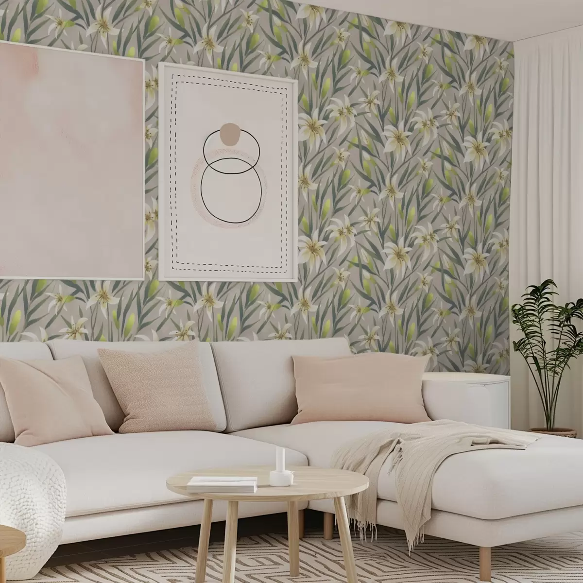 Tapety Krémové ľalie s listami na šedo-béžovom pozadí a00837