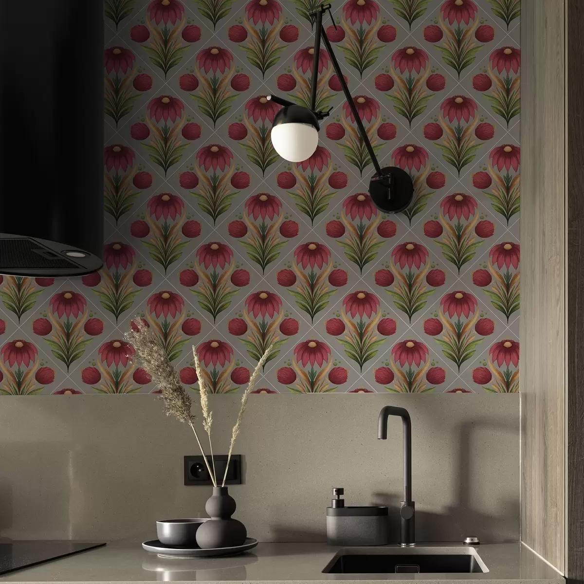 Tapety Symetrický kvetinový ornament na sivom pozadí s diagonálami a00869