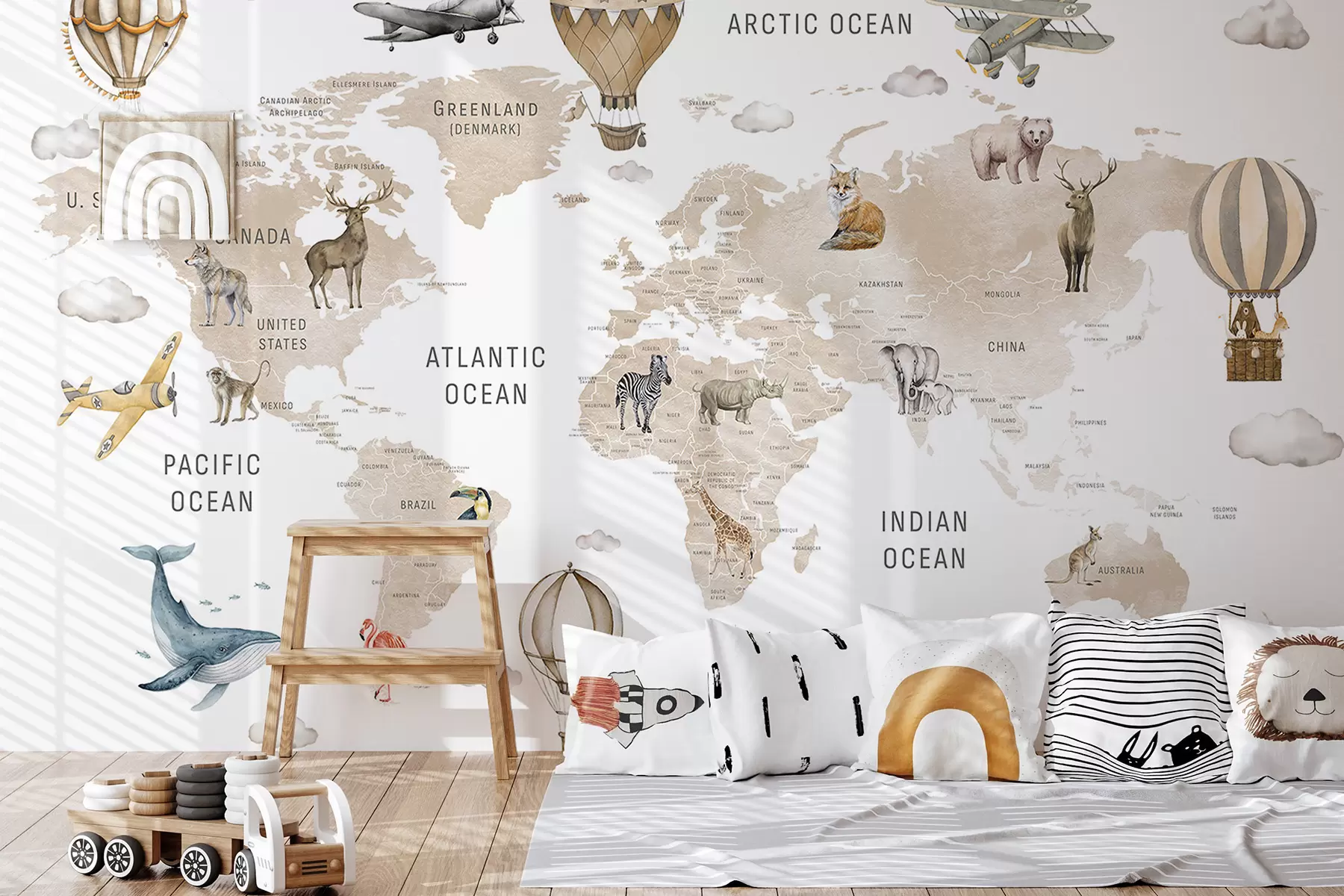 Fototapety Akvarelová mapa pre deti so zvieratkami a teplovzdušnými balónmi. V anglickom jazyku. Béžová farba. c00001env2
