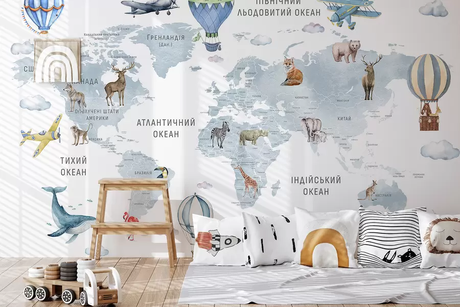 Fototapety Akvarelová mapa pre deti so zvieratkami a teplovzdušnými balónmi. Jazyk: ukrajinčina. Farba: modrá c00001ukv1