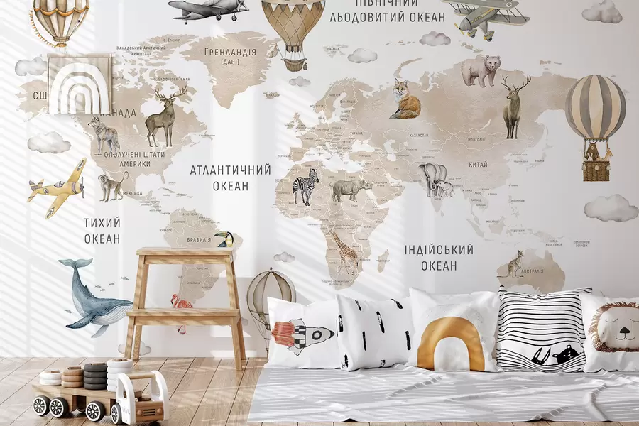 Fototapety Akvarelová mapa pre deti so zvieratkami a teplovzdušnými balónmi. Jazyk: ukrajinčina. Farba: béžová c00001ukv2