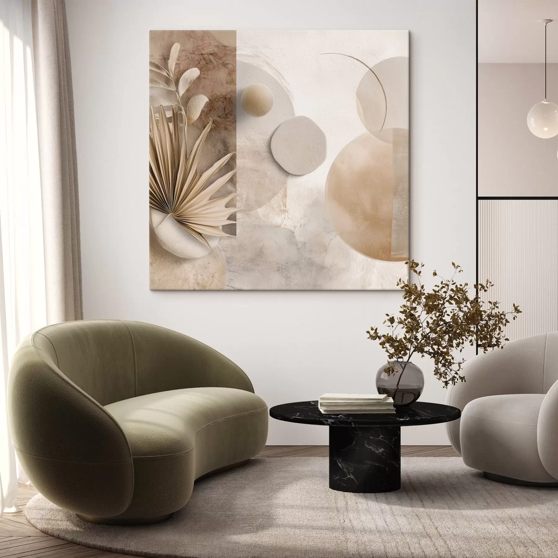 Obraz Sušené palmové listy a 3D kruhy v béžových odtieňoch s46310 zakúpiť Slovensko - Uwalls.se Obraz Sušené palmové listy a 3D kruhy v béžových odtieňoch s46310