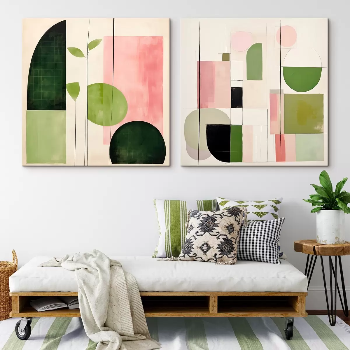 Obraz Minimalistický diptych so štýlizovanou flórou a geometriou m00894