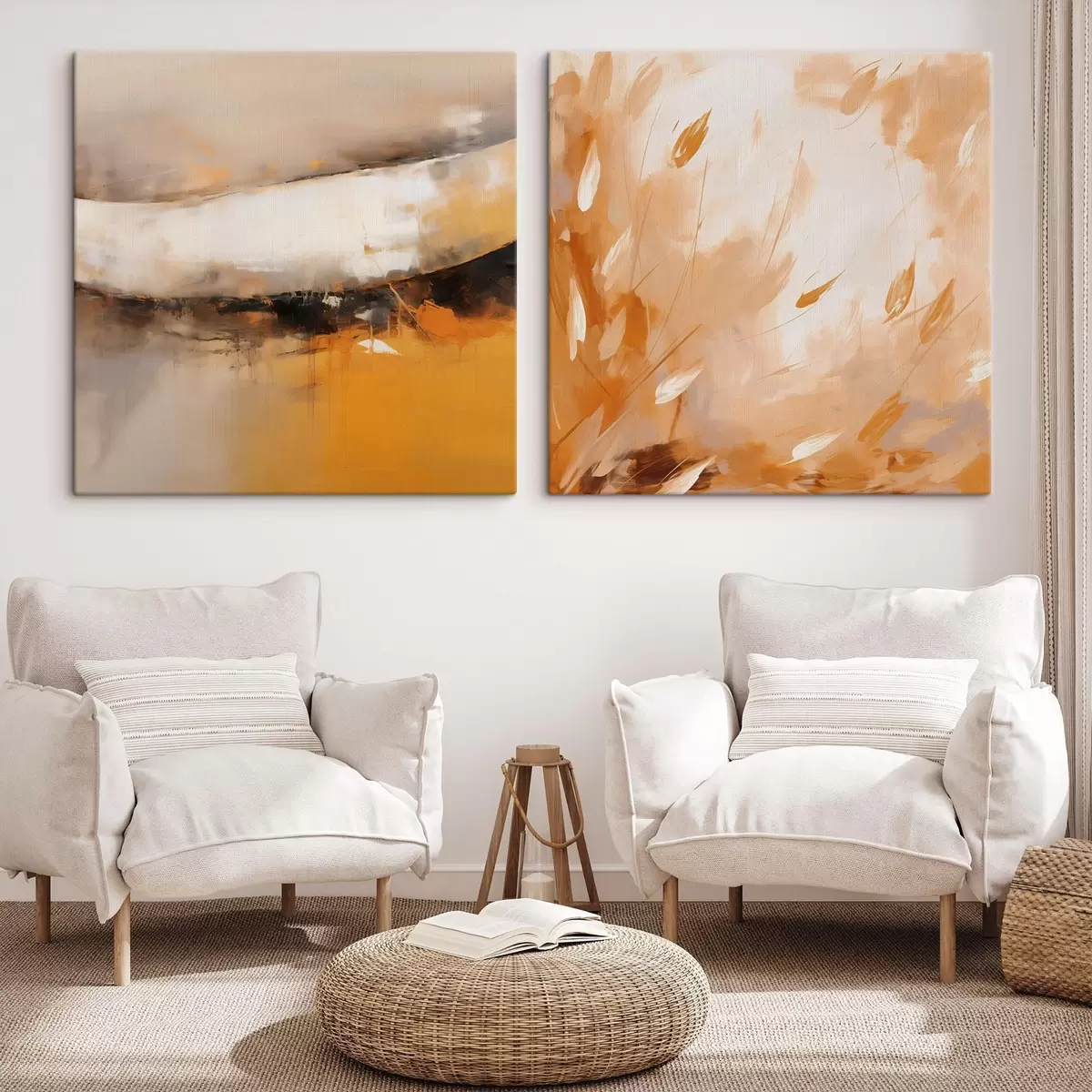 Obraz Abstraktný diptych v olejovom štýle so žltooranžovými a čiernymi tónmi m00897