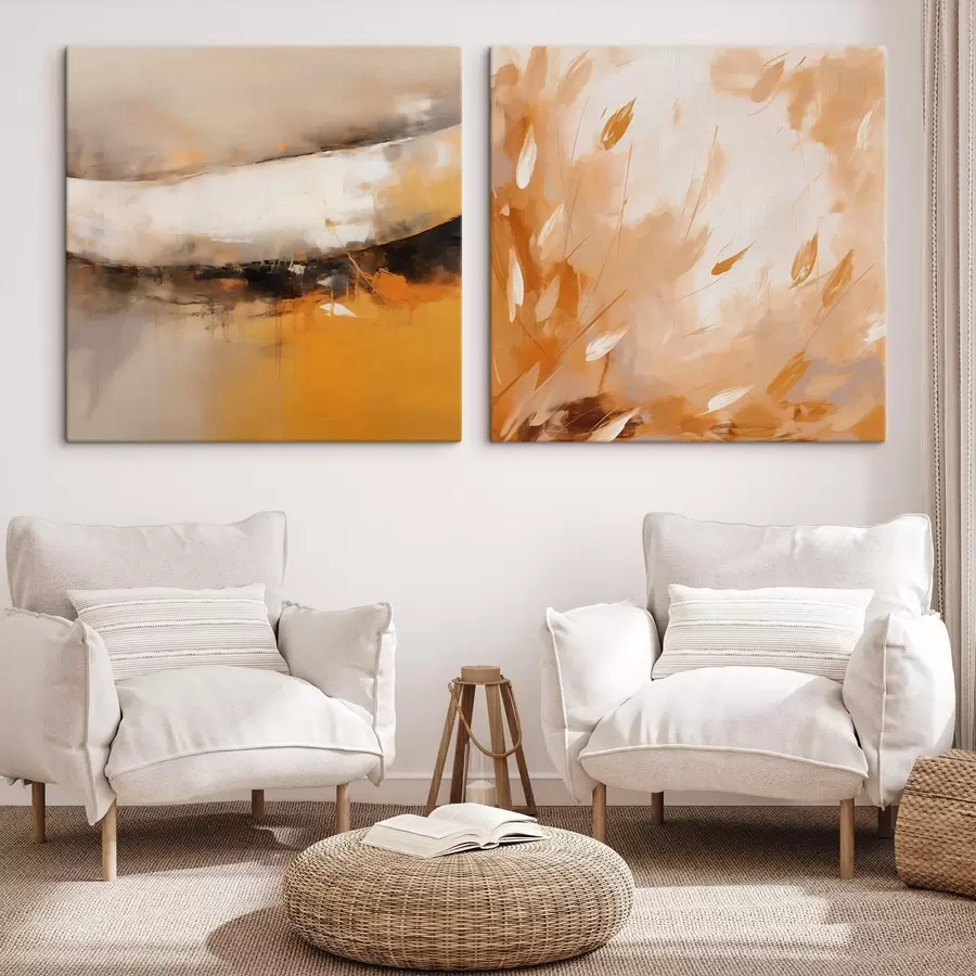 Obraz Abstraktný diptych v olejovom štýle so žltooranžovými a čiernymi tónmi m00897