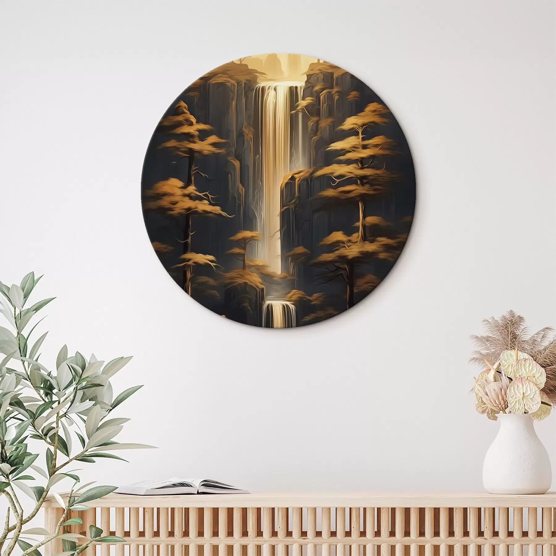 Obraz Vysoké útesy s vodopádom a borovicami vo večernom svetle r46151