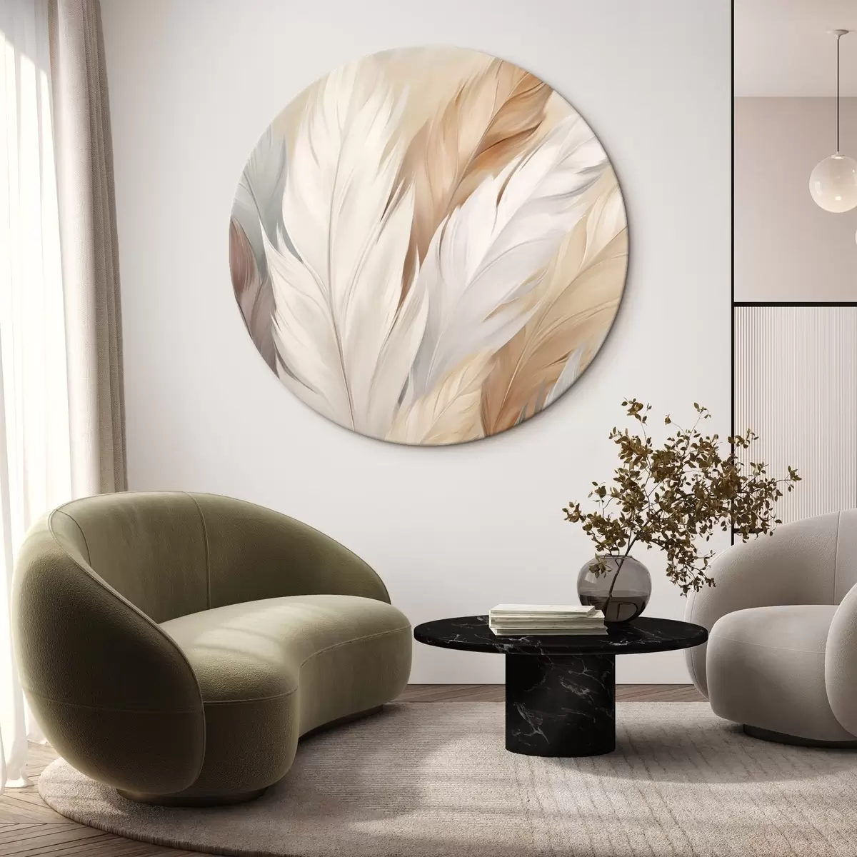 Okrúhle obrazy Mäkké pierka v béžových a sivých odtieňoch r46190 Okrúhle obrazy Mäkké pierka v béžových a sivých odtieňoch r46190
