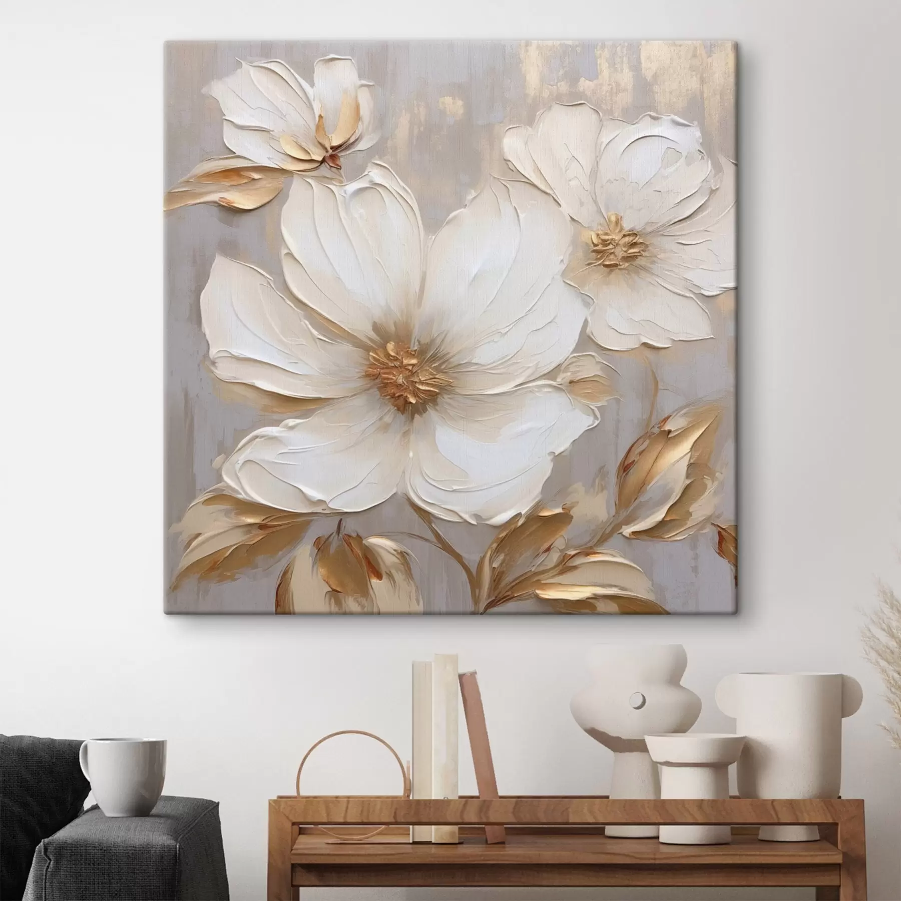 Obraz Veľké textúrované kvety s maliarskymi ťahmi v teplej farebnej palete s46176