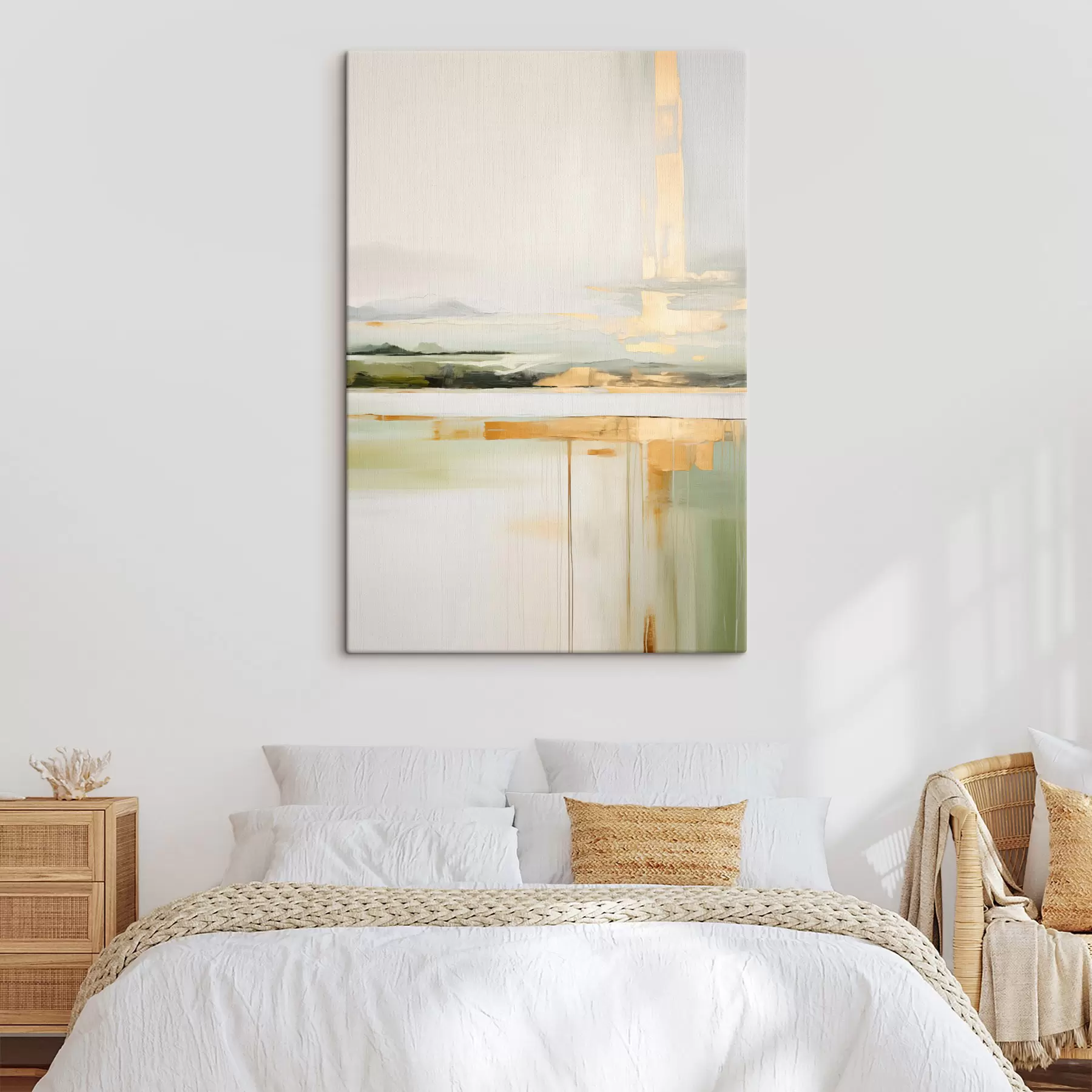 Obraz Abstraktná krajina so žltými akcentmi, minimalistická kompozícia zeme, vody a oblohy, s tlmenými farbami s46268