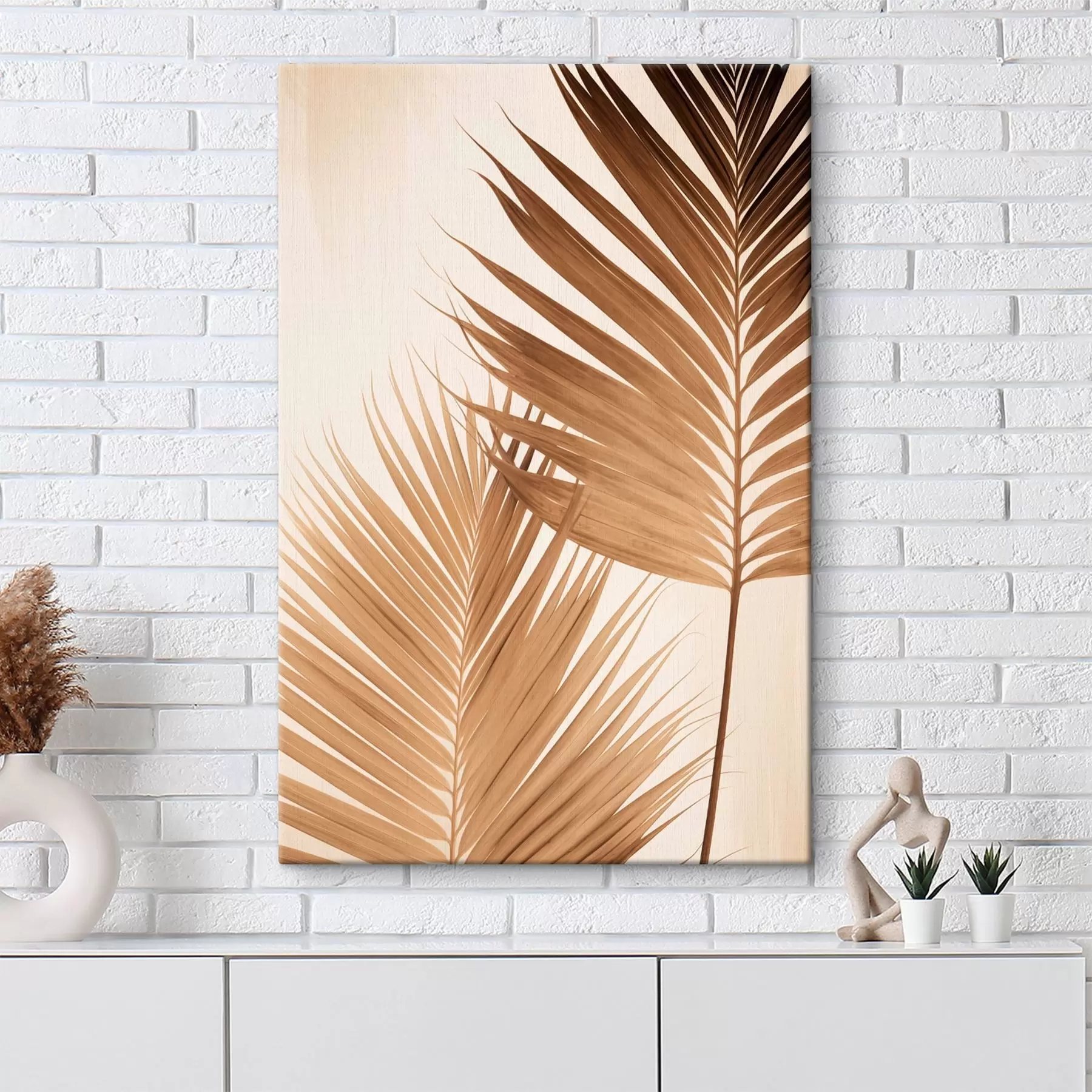Obraz Palmové listy v hnedých odtieňoch, neutrálne pozadie, minimalistický štýl, prirodzené osvetlenie, tropická atmosféra s46274