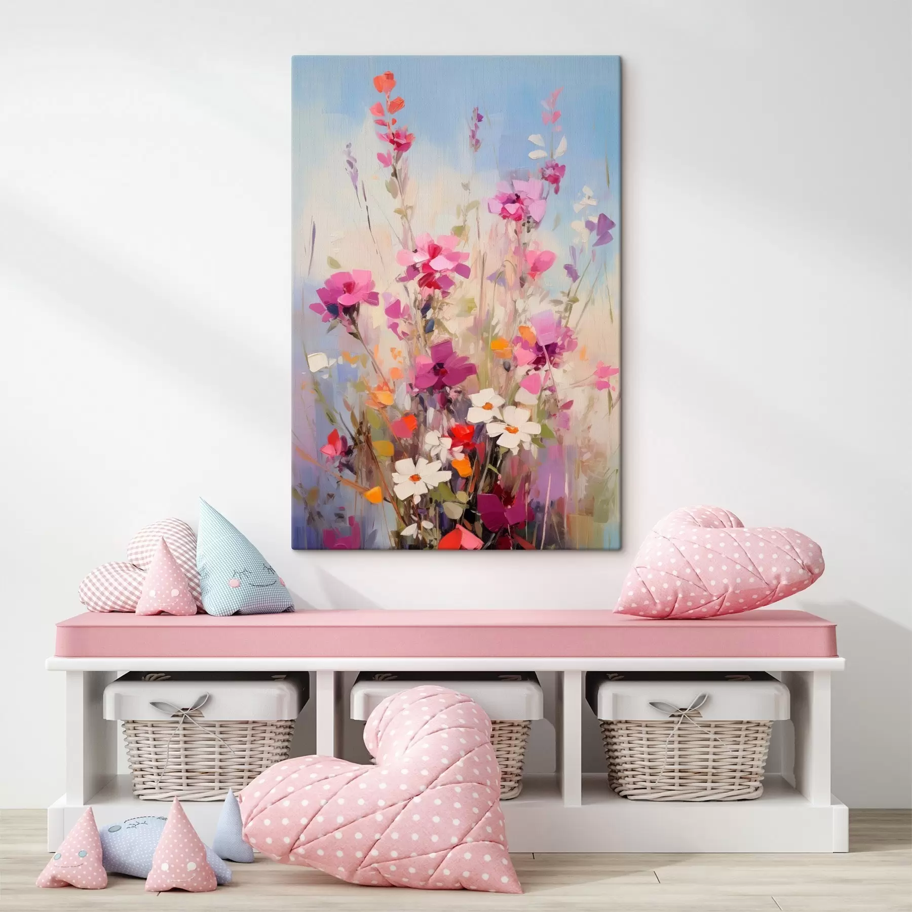 Obraz Živé ružové, biele a zelené kvety na jemnom pastelovom pozadí s46278