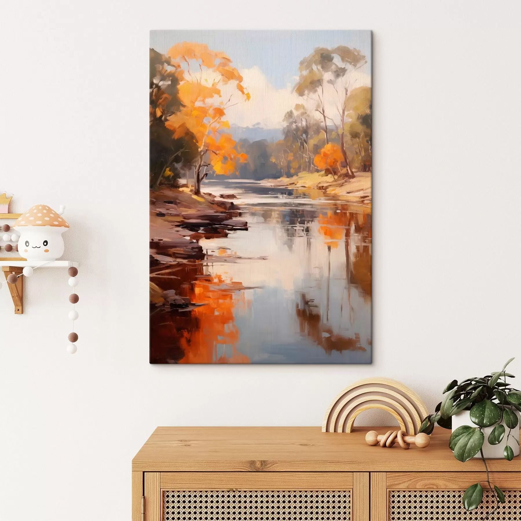 Fototapety Jesenná krajina, rieka s stromami na brehu, les v pozadí, odrazy na vode s46280