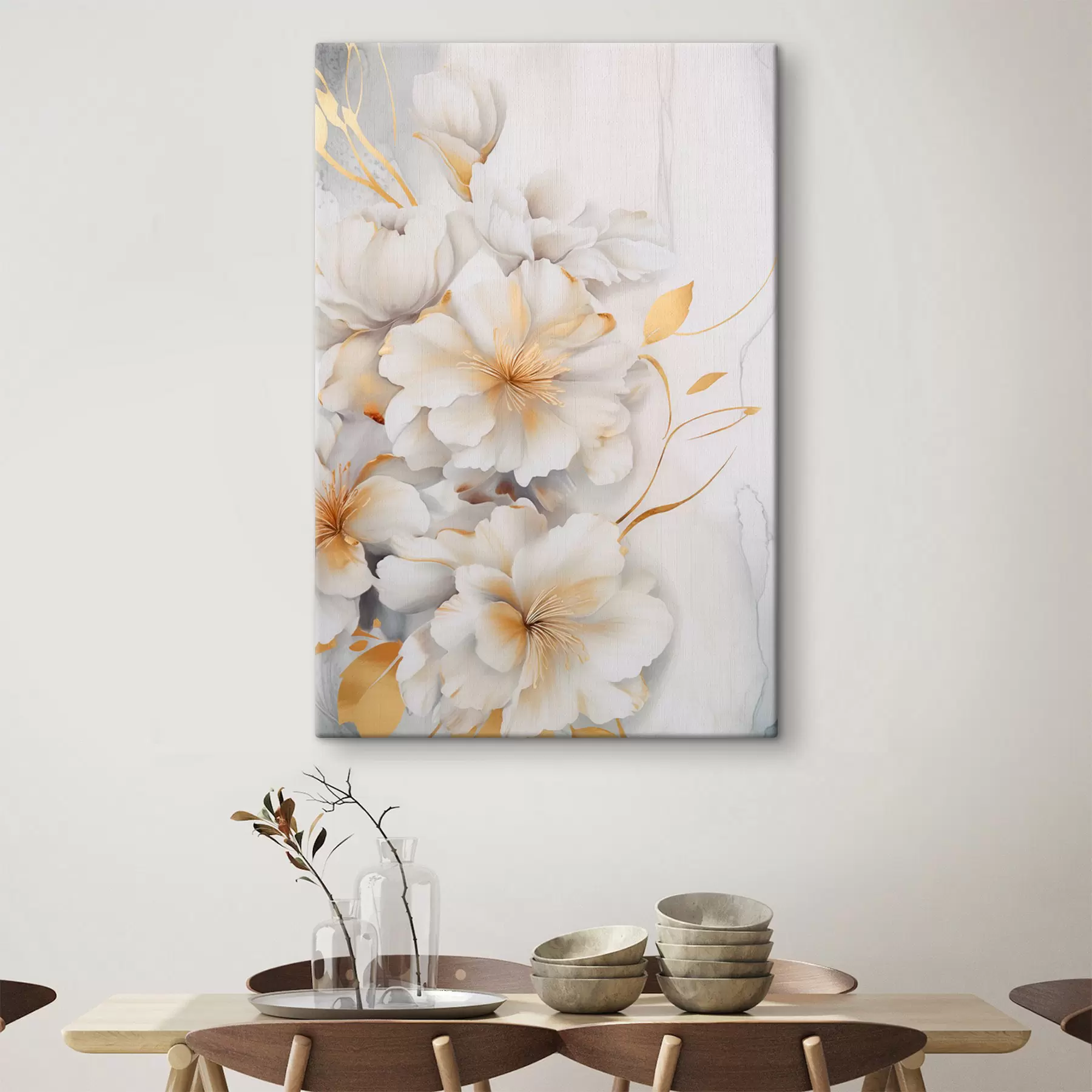 Obraz Biele kvety so žltými detailmi, okvetné lístky s jemnými tieňmi, svetlé pozadie s jemným mramorovým efektom s46292