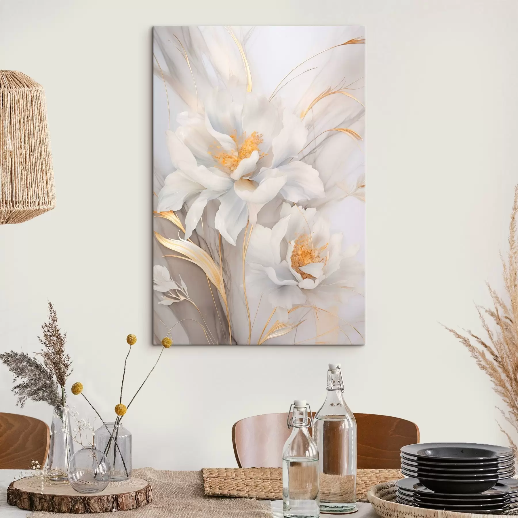 Obraz Biele kvety so žltými piestikmi a stonkami, jemné okvetné lístky, elegantná kompozícia, neutrálne pozadie s46293