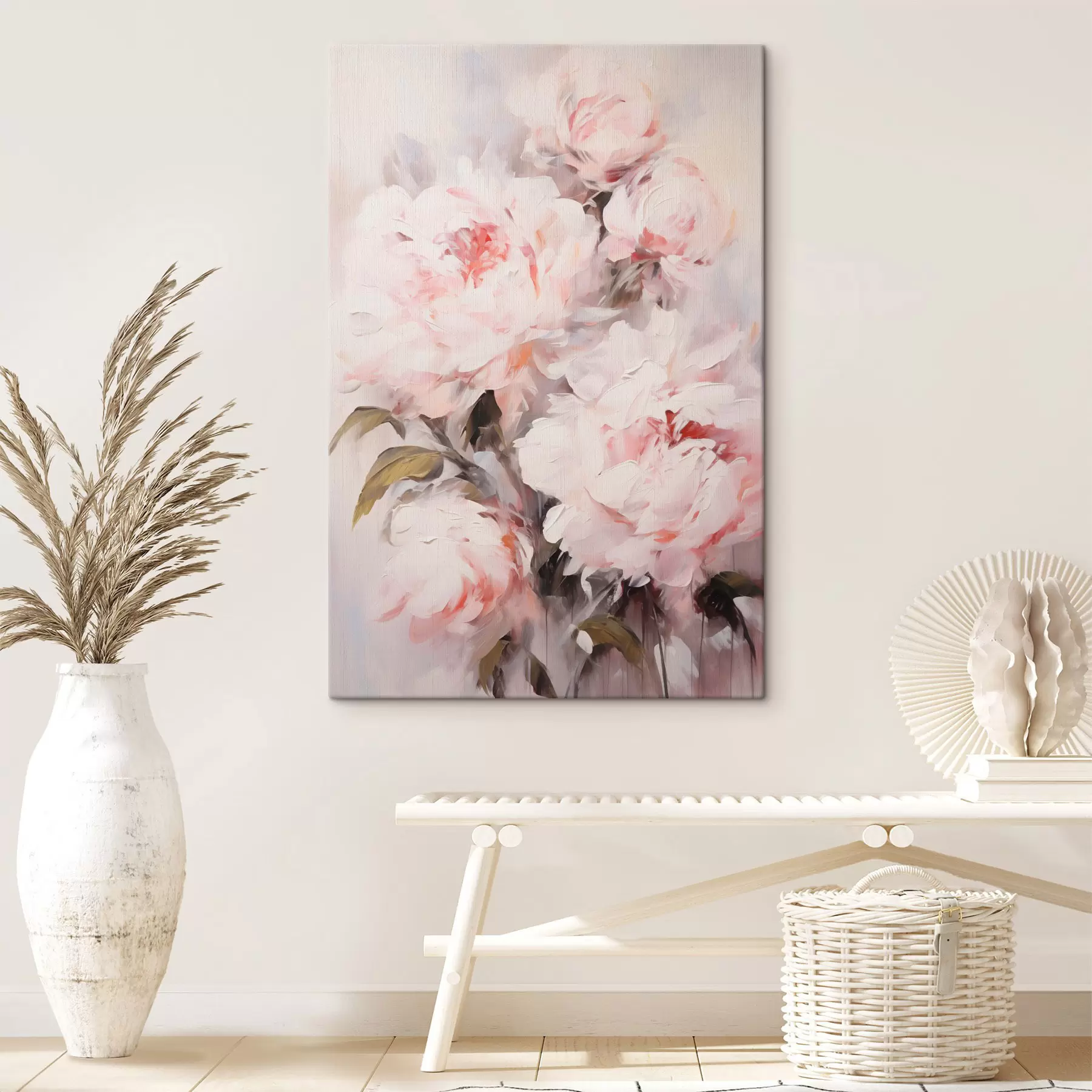 Obraz Kytica svetloružových pivoniek so zelenými listami, jemnými ťahmi štetca, pastelovými farbami, na svetlom pozadí s46294