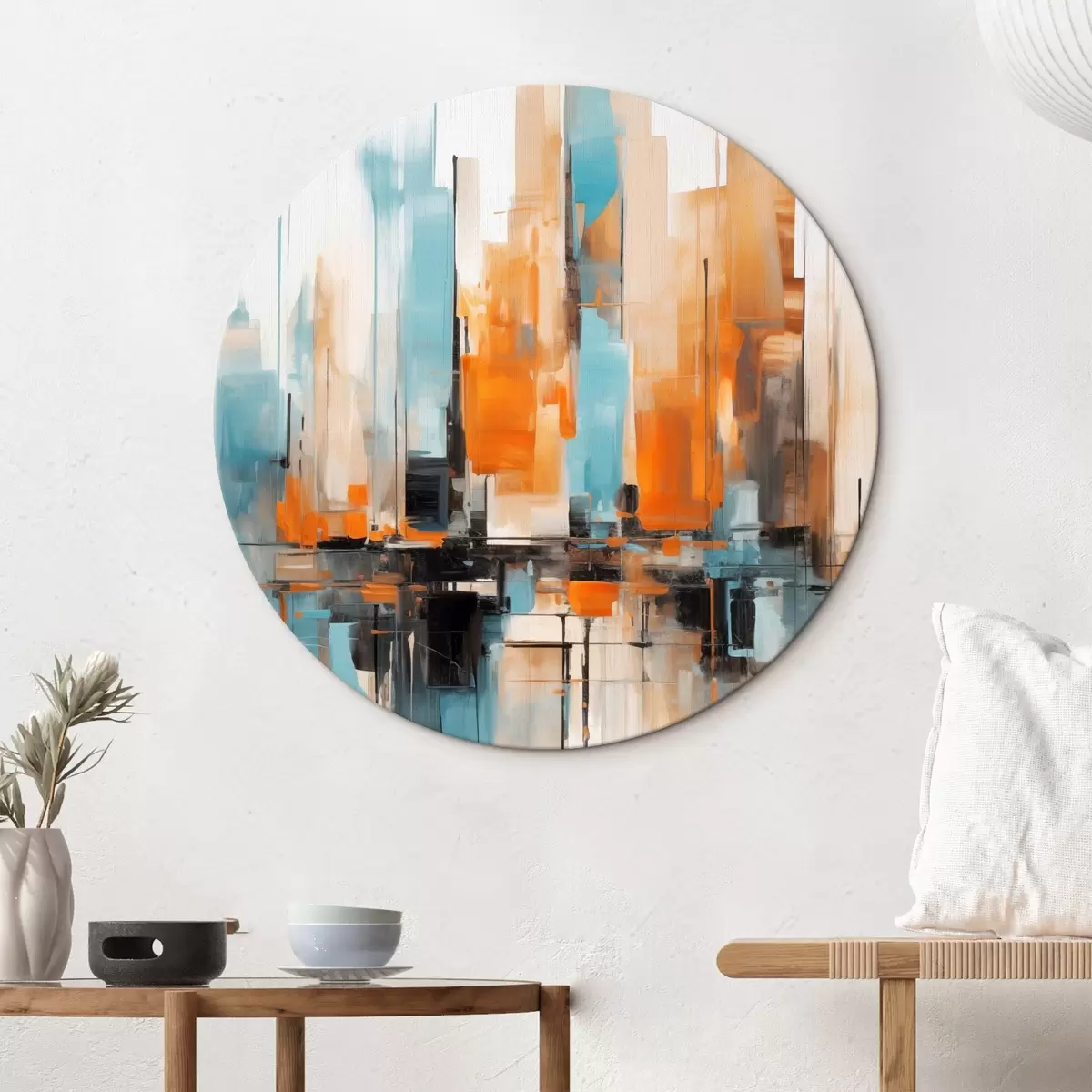 Okrúhle obrazy Abstraktný mestský panoráma s vertikálnymi ťahmi štetcom v odtieňoch oranžovej, modrej a bielej, maliarsky štýl r46267 Okrúhle obrazy Abstraktný mestský panoráma s vertikálnymi ťahmi štetcom v odtieňoch oranžovej, modrej a bielej, maliarsky štýl r46267