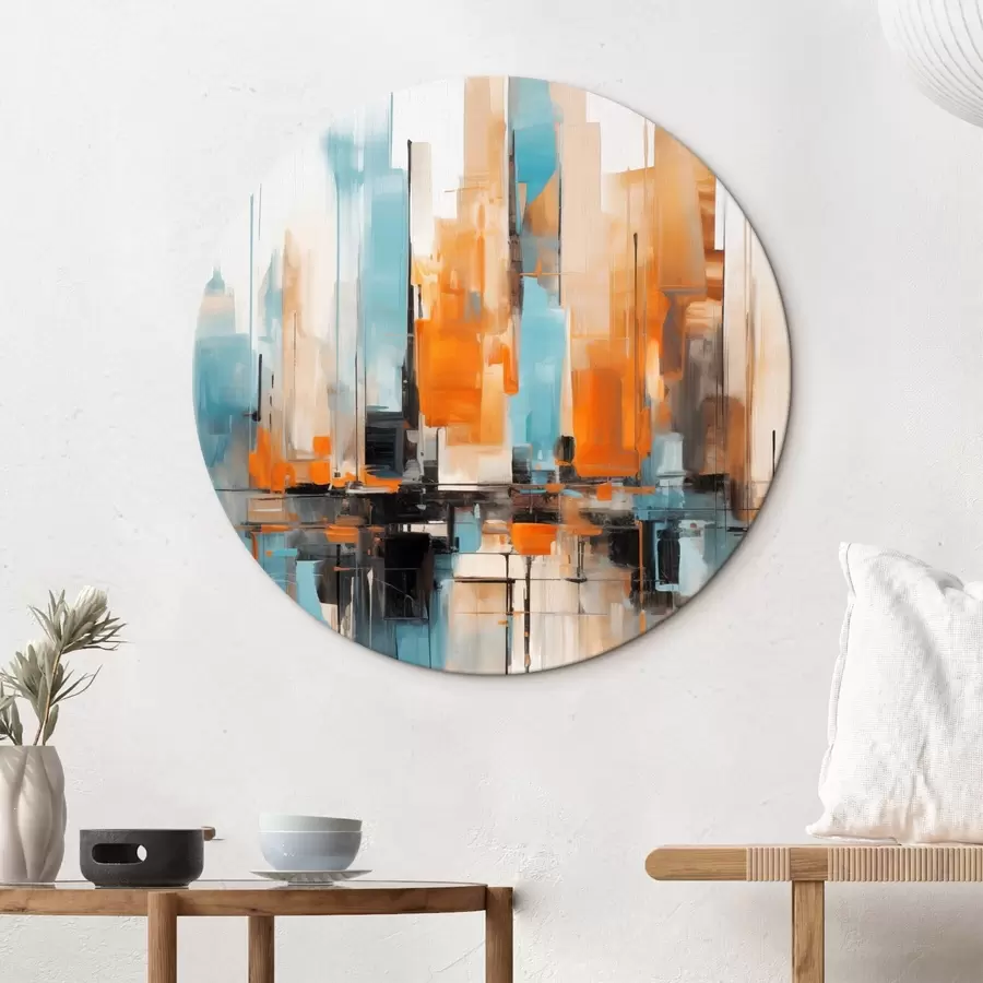 Obraz Abstraktný mestský panoráma s vertikálnymi ťahmi štetcom v odtieňoch oranžovej, modrej a bielej, maliarsky štýl r46267