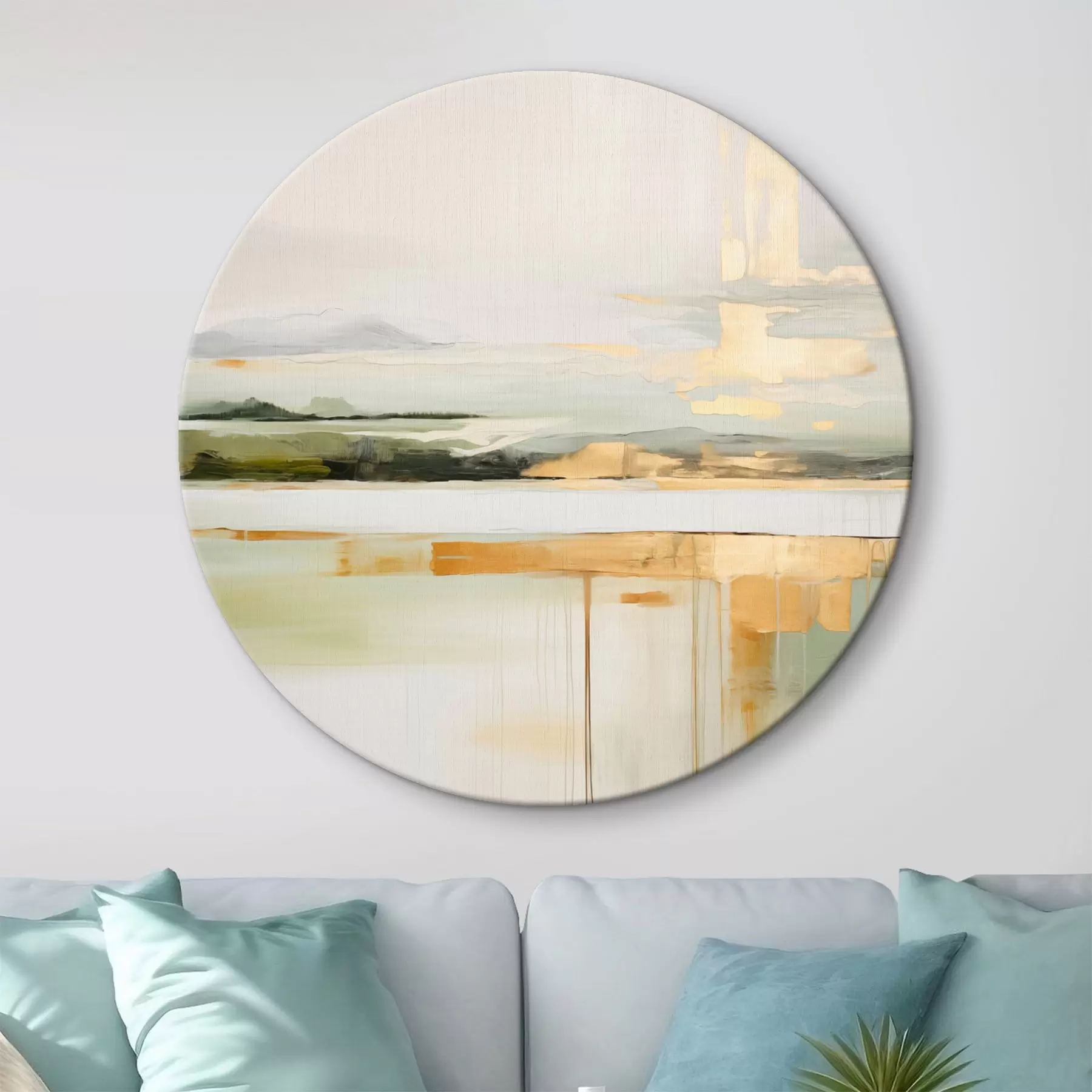 Obraz Abstraktná krajina so žltými akcentmi, minimalistická kompozícia zeme, vody a oblohy, s tlmenými farbami r46268