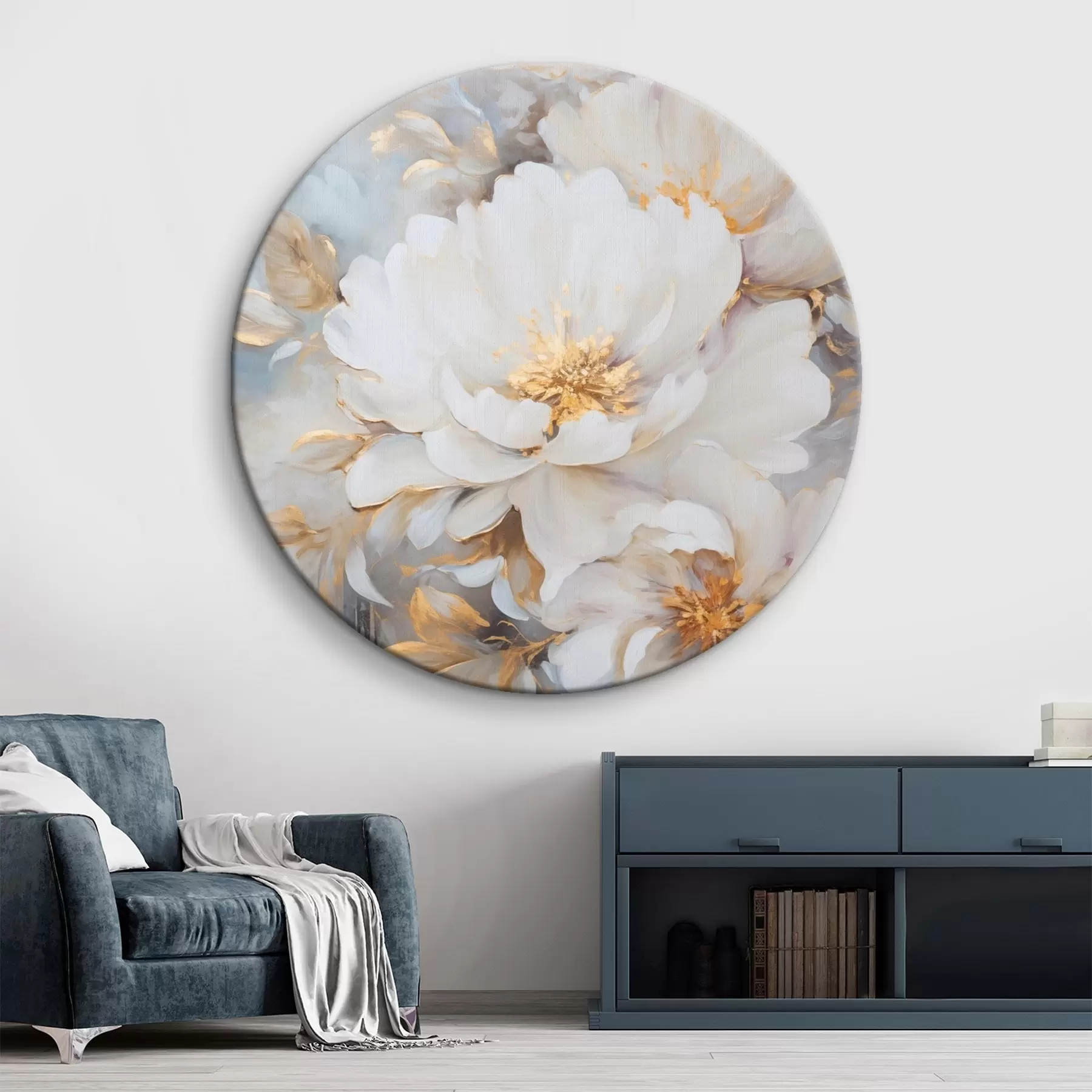 Obraz Biele pivonky s modrými stredmi a listami, jemné ťahy štetcom, svetlomodré pozadie, kvetinová výzdoba r46271