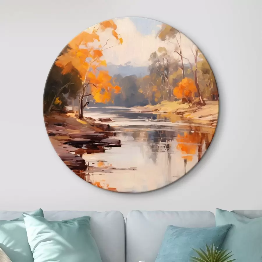 Obraz Jesenná krajina, rieka s stromami na brehu, les v pozadí, odrazy na vode r46280