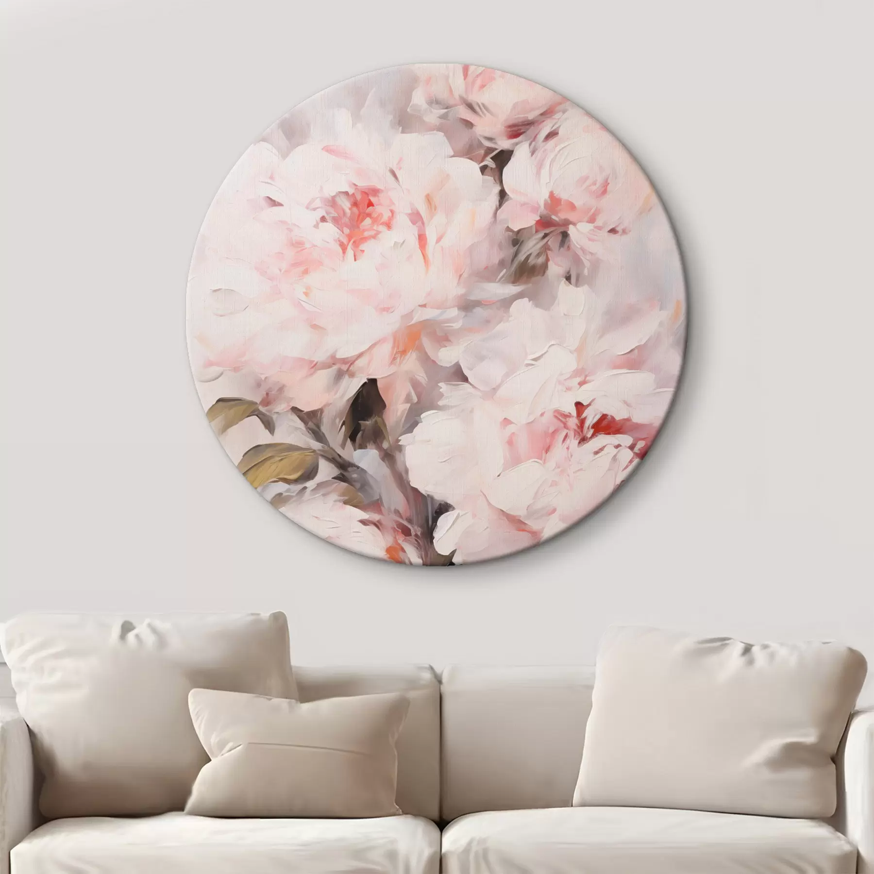 Obraz Kytica svetloružových pivoniek so zelenými listami, jemnými ťahmi štetca, pastelovými farbami, na svetlom pozadí r46294