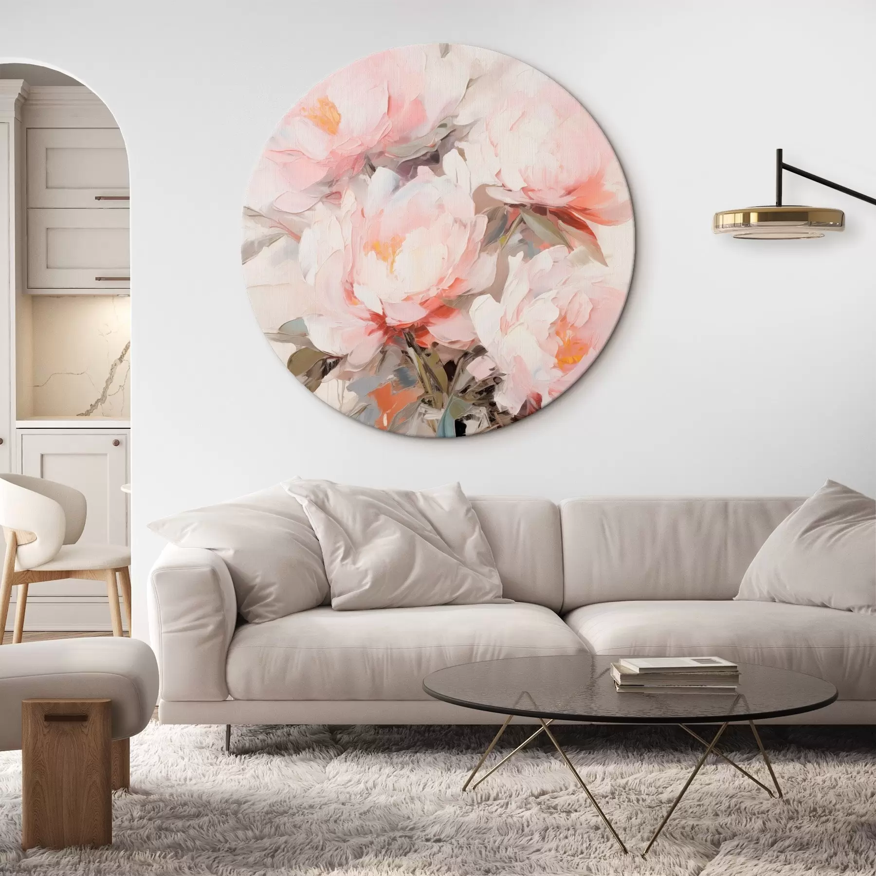 Obraz Kytica ružových a bielych pivoniek v sklenenej váze, jemné ťahy štetcom, pastelové farby, neutrálne pozadie r46295