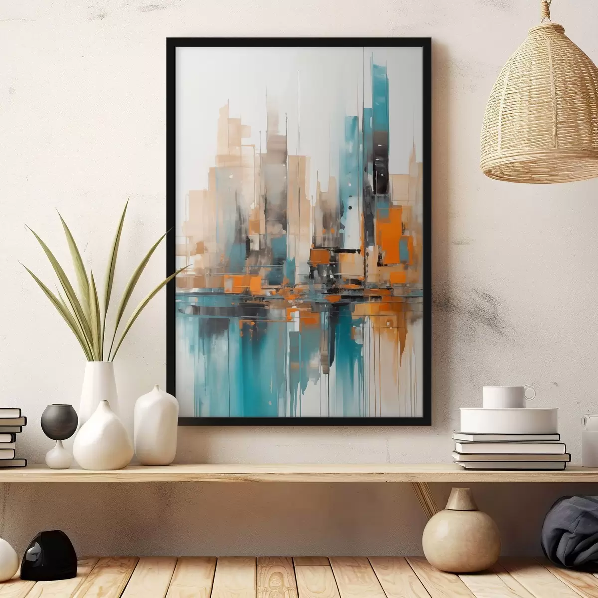 Plagáty Abstraktný mestský panoráma s oranžovými, tyrkysovými a hnedými vertikálnymi ťahmi štetcom a geometrickými tvarmi f46266