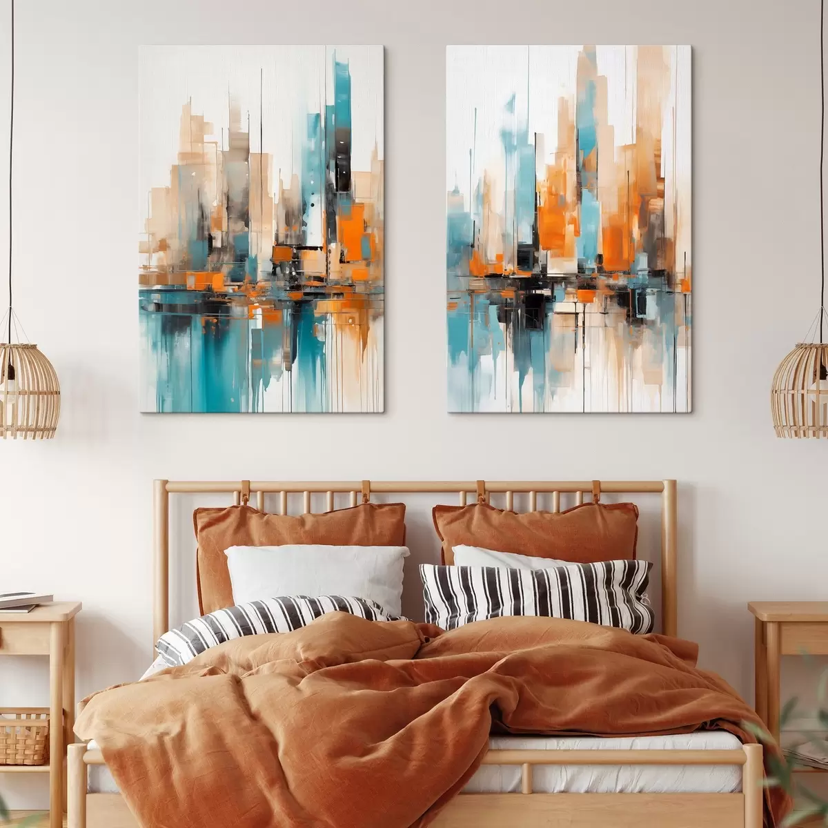 Obraz Abstraktný mestský panoráma s vertikálnymi ťahmi štetcom v odtieňoch oranžovej, modrej a bielej, maliarsky štýl m00876 zakúpiť Slovensko - Uwalls.se Obraz Abstraktný mestský panoráma s vertikálnymi ťahmi štetcom v odtieňoch oranžovej, modrej a bielej, maliarsky štýl m00876