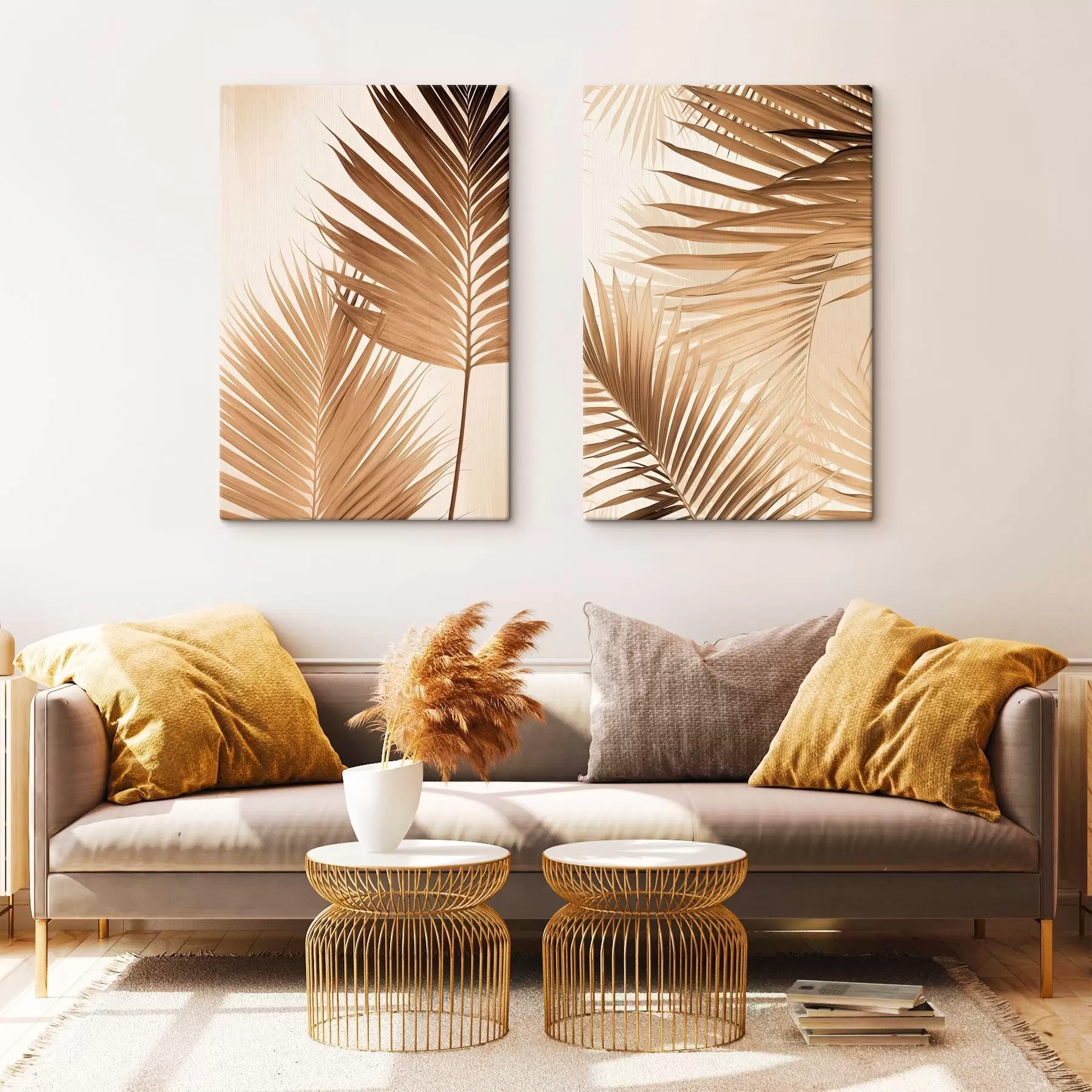 Obraz Palmové listy v hnedých odtieňoch, neutrálne pozadie, minimalistický štýl, prirodzené osvetlenie, tropická atmosféra m00880