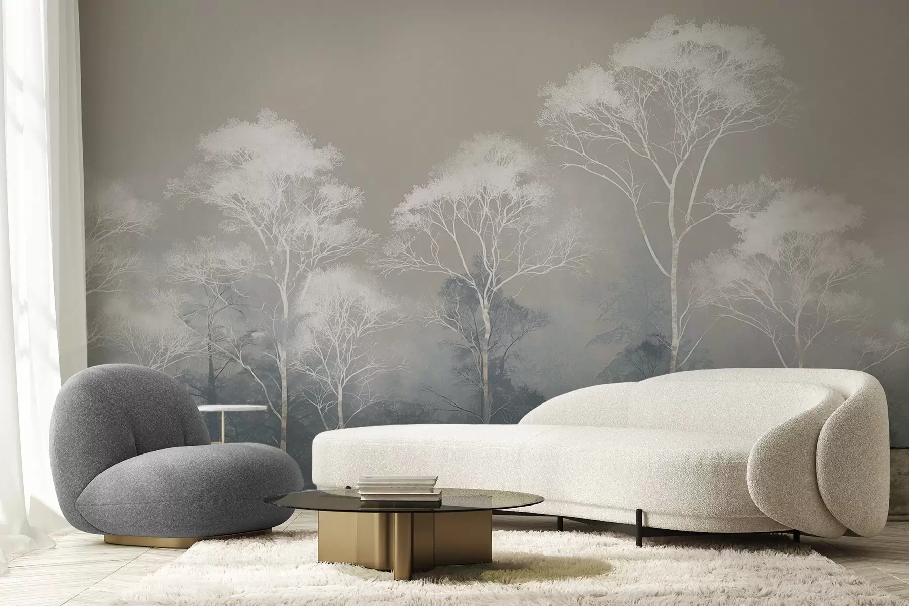 Fototapety Minimalistické stromy v modro-sivej palete, v hmle w09448