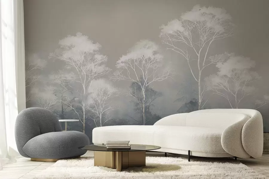 Fototapety Minimalistické stromy v modro-sivej palete, v hmle w09448