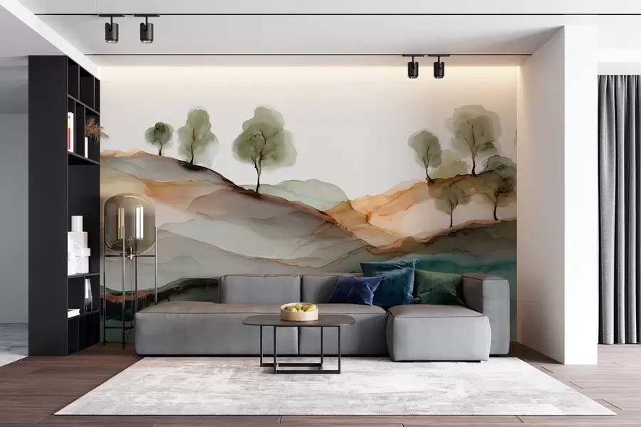 Fototapety Abstraktná krajina v štýle alkoholových farieb — kopce a stromy v pastelových odtieňoch w09457