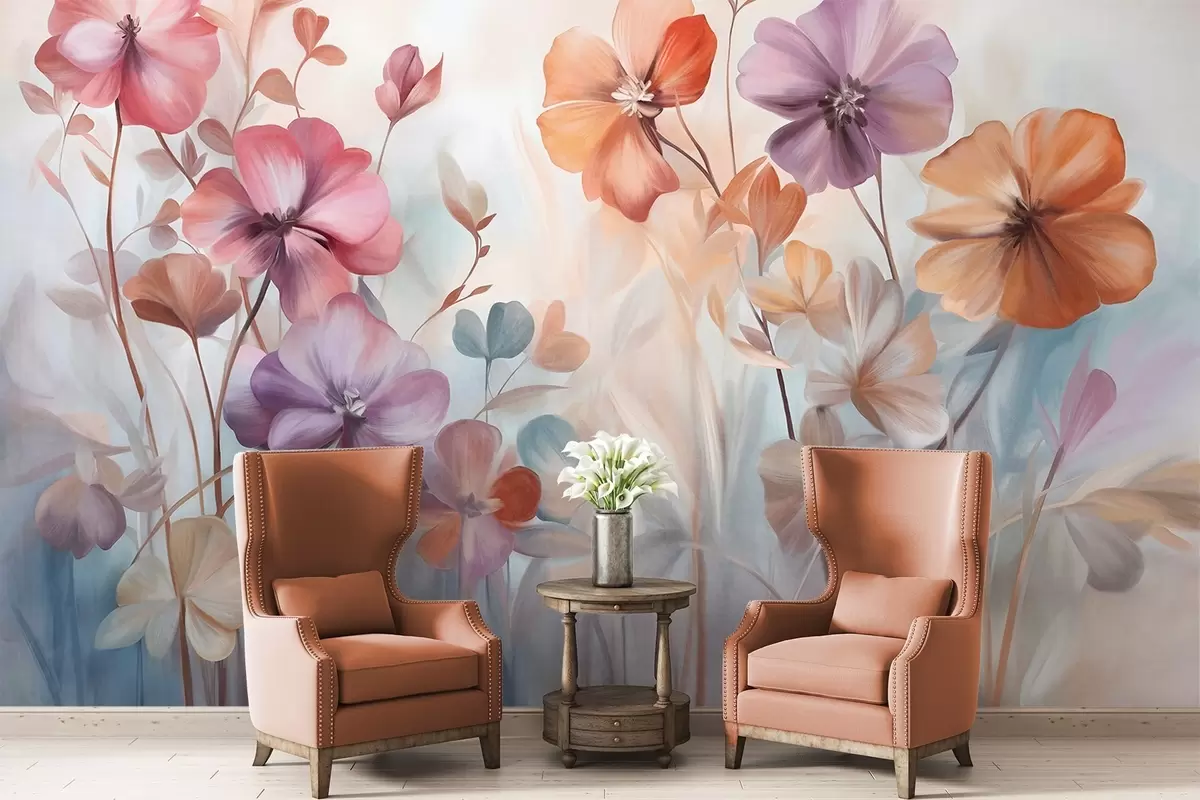 Fototapety Textúrované kvetinové aranžmány s ružovými, fialovými a oranžovými kvetmi so zelenými stonkami a listami, jemné pastelové farby w09486