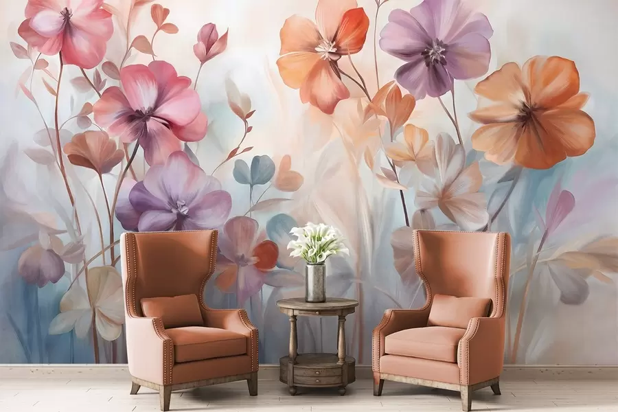 Fototapety Textúrované kvetinové aranžmány s ružovými, fialovými a oranžovými kvetmi so zelenými stonkami a listami, jemné pastelové farby w09486