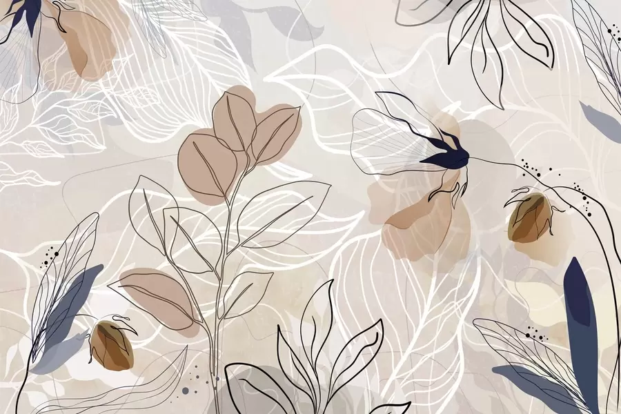 Fototapety Béžové abstraktné pozadie s listami a kvetmi, moderné, minimalistické, organické tvary, botanický potlač  w09487