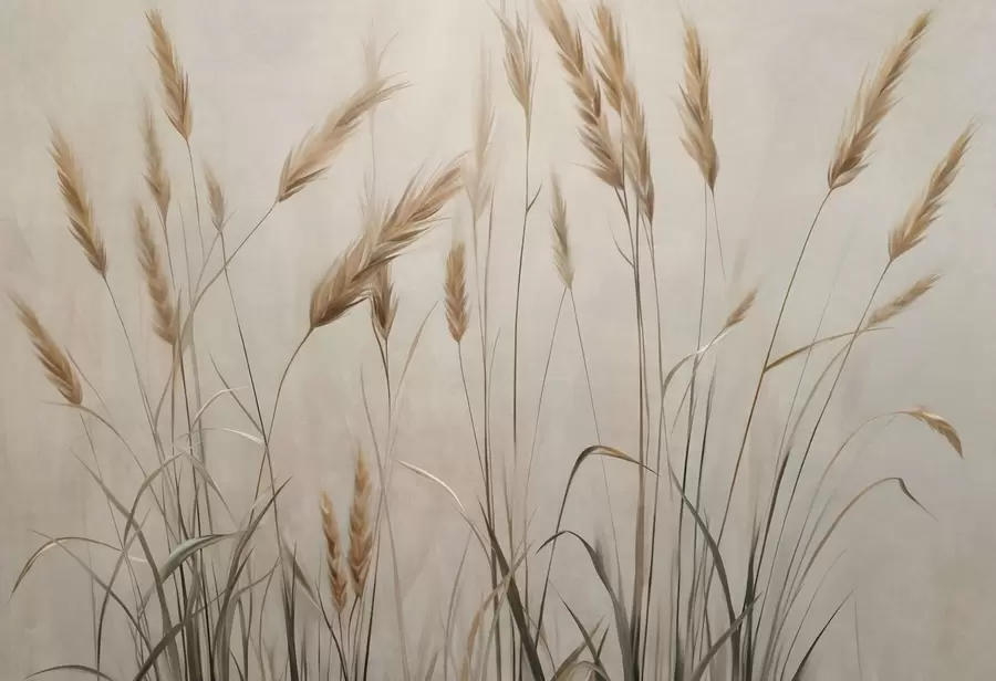 Fototapety Pšeničné pole so žltými klasmi, béžové pozadie, prirodzené osvetlenie, teplé tóny, detailné ťahy štetcom w09493