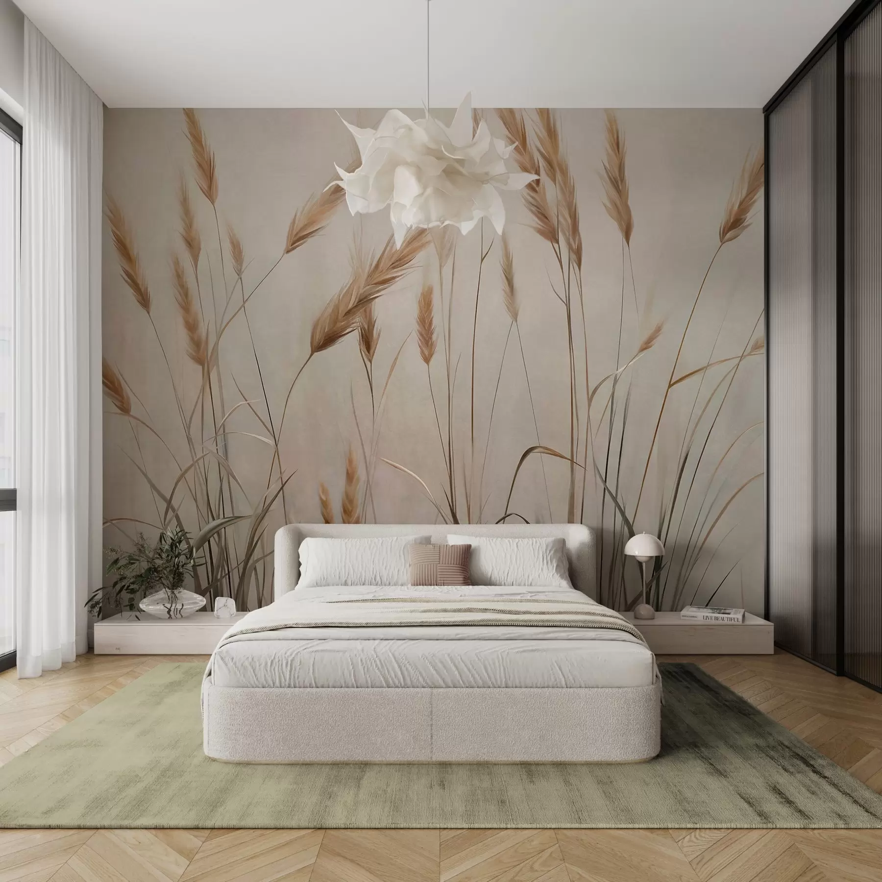 Fototapety Pšeničné pole so žltými klasmi, béžové pozadie, prirodzené osvetlenie, teplé tóny, detailné ťahy štetcom w09493