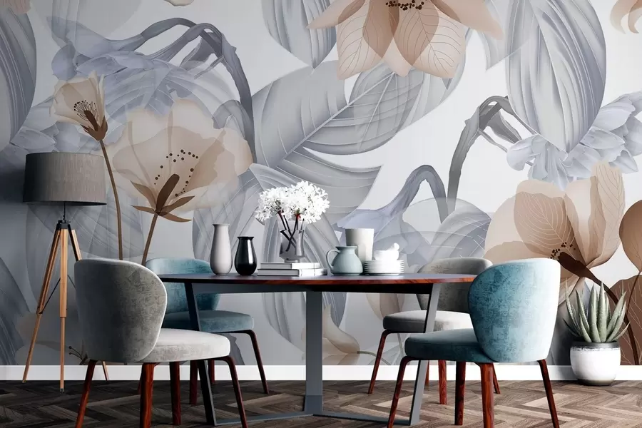 Fototapety Hnedé kvety a sivé listy, kvetinové botanické pozadie, elegantný dizajn, jemné farby, ľahké jemné detaily w09497v1