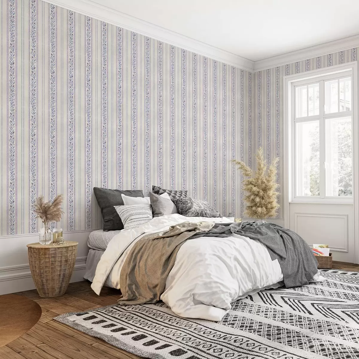 Tapety Vertikálne pruhy s levanduľovými girlandami, béžové pozadie a00813v1