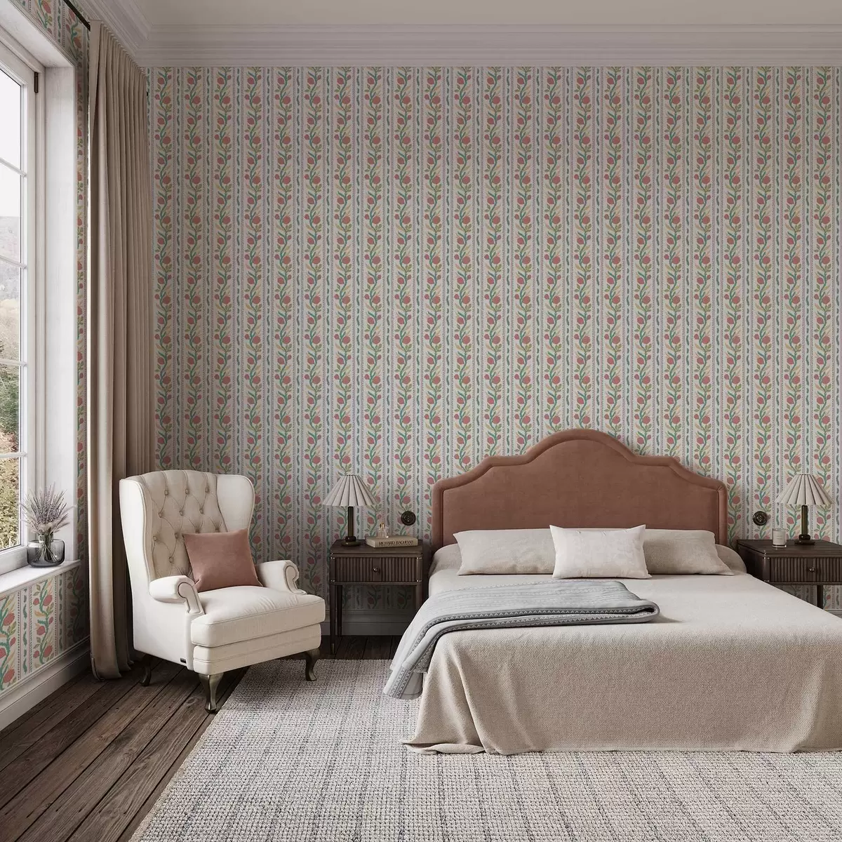 Tapety Vertikálne pruhy s koralovými kvetmi a tyrkysovými listami a00816