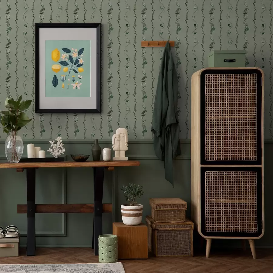 Fototapety Vertikálne viniče a vetvičky na tlmenom zelenom pozadí a00817v1