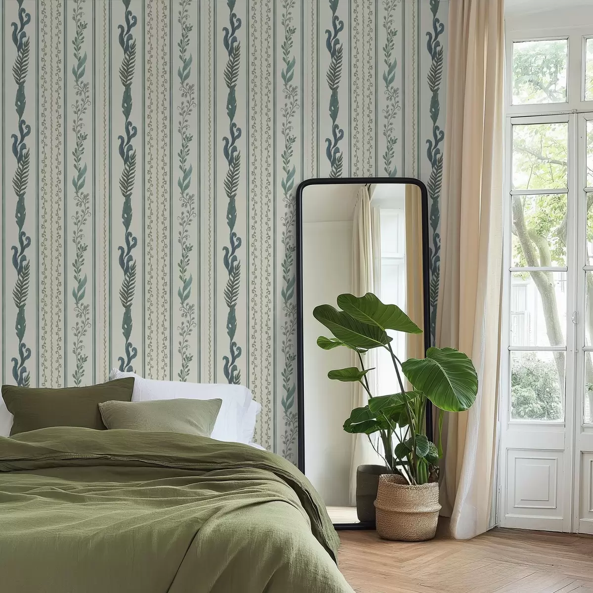 Tapety Pruhy s vetvičkami a kučerami na teplom mliečnom pozadí a00823v2