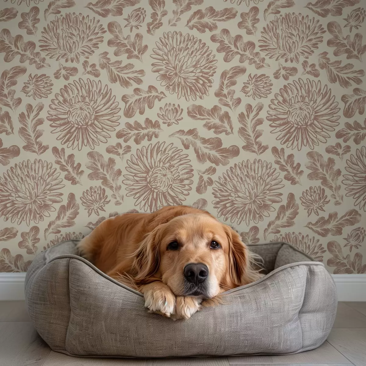 Tapety Chryzantémy a dubové listy v jemnej béžovo-hnedej farbe a00840
