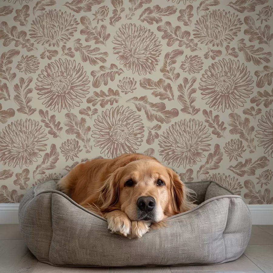 Fototapety Chryzantémy a dubové listy v jemnej béžovo-hnedej farbe a00840