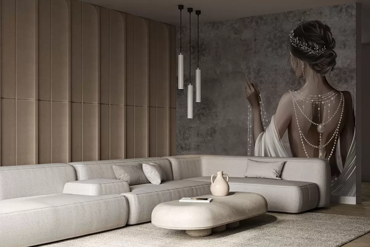 Fototapety Žena videná zo zadnej strany s perlami, sivé pozadie s kamenným vzorom w04854 - Uwalls.sk Fototapety Žena videná zo zadnej strany s perlami, sivé pozadie s kamenným vzorom w04854